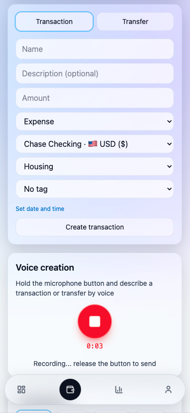 Voice input and transaction form in Spendbit
