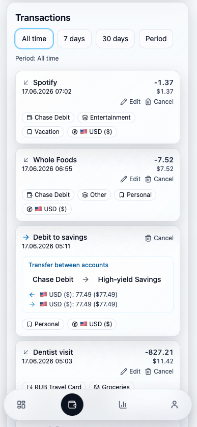 Transaction list with categories and tags